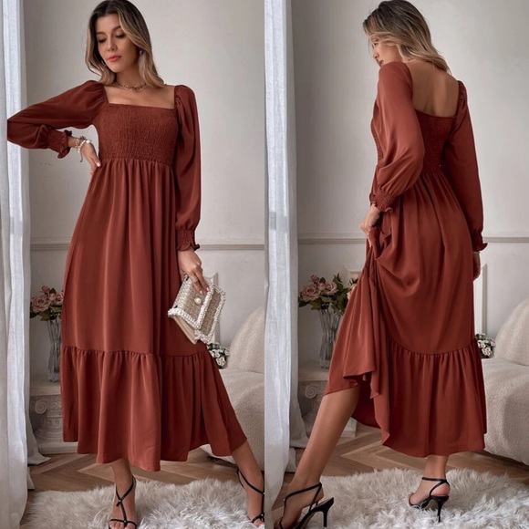 Shirred bust square neck long sleeve ruffle maxi dress boho gypsy rust brown - Picture 5 of 10